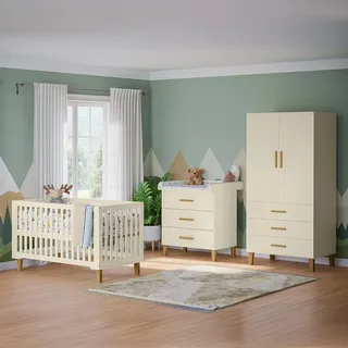 Bellabino Liri Kinderzimmer Set – 3-teiliges Babyzimmerset mit Gitterbett, Wickelkommode & Kinderkleiderschrank in Beige/Natur – Babybett umbaubar – Wickeltisch mit abnehmbaren Wickelaufsatz
