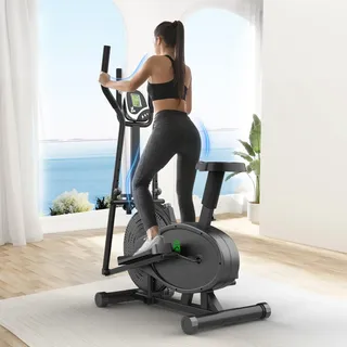 Yonisee 2 in 1 Crosstrainer für Zuhause, Ellipsentrainer mit Ergonomischem Sitzpolster, Einstellbarem Widerstand, LCD-Monitor, Herzfrequenzsensor, Aerobic Crosstrainer Stepper (Schwarz)