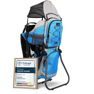 Dromader Kraxe Kindertrage bis 22kg - Baby Rückentrage Wandern mit Sonnendach Regenschutz - Babytrage Outdoor Trekking mit Thermotasche Wickelmatte - Einhändig klappbarer Aluminiumrahmen - Blau
