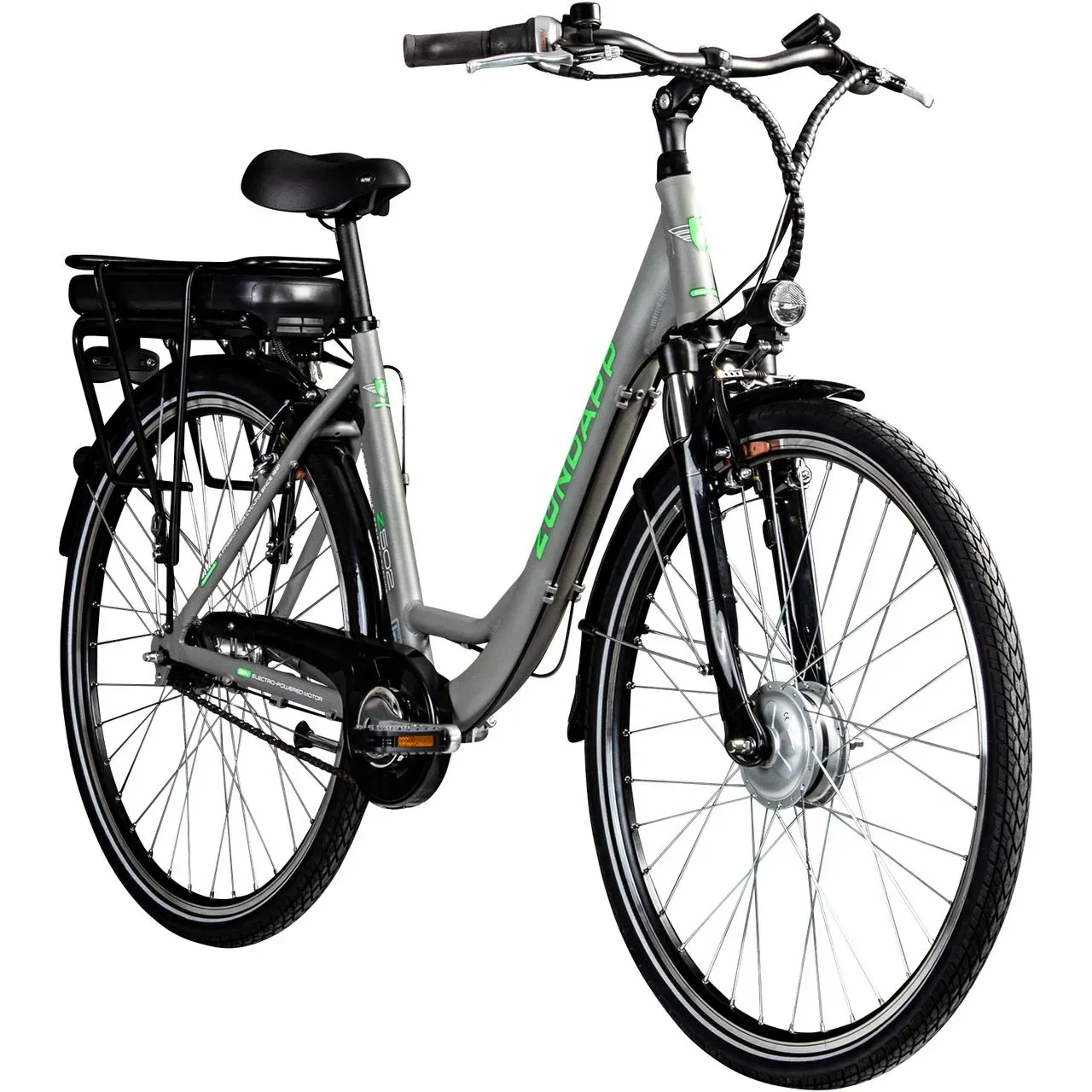 ZÜNDAPP E-Bike 700c Damenrad Pedelec 28 Zoll Z502 E Citybike Hollandrad Fahrrad (grau/grün ohne Korb)