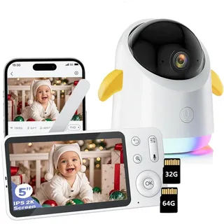 BOIFUN Video-Babyphone Babyphone mit Kamera 2K/3MP, 5 Zoll WiFi Video Babyphone PTZ 355°, R Nachtsicht, Nachtlicht, Schlaflieder,Temperaturanzeige, 1-tlg., unterstützt Mobile App Steuerung,4×Zoom, Weinen/Bewegungs/Geräuscherkennung, Temperaturerkennun
