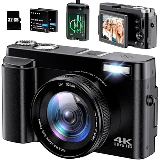 gowenic Digitalkamera 4K 48 MP Vlogging-Kamera mit Fülllicht, Tragbare für Fotografie, 3,0-Zoll-LCD-4K-Vlogging-Kamera, Videokamera, 16-facher Digitalzoom, Verhindert Verwacklungen, 3,0-Zoll-Klappbildschirm, Blinklicht, Timer-Funktion 1300-mAh-Akku Vlogging 