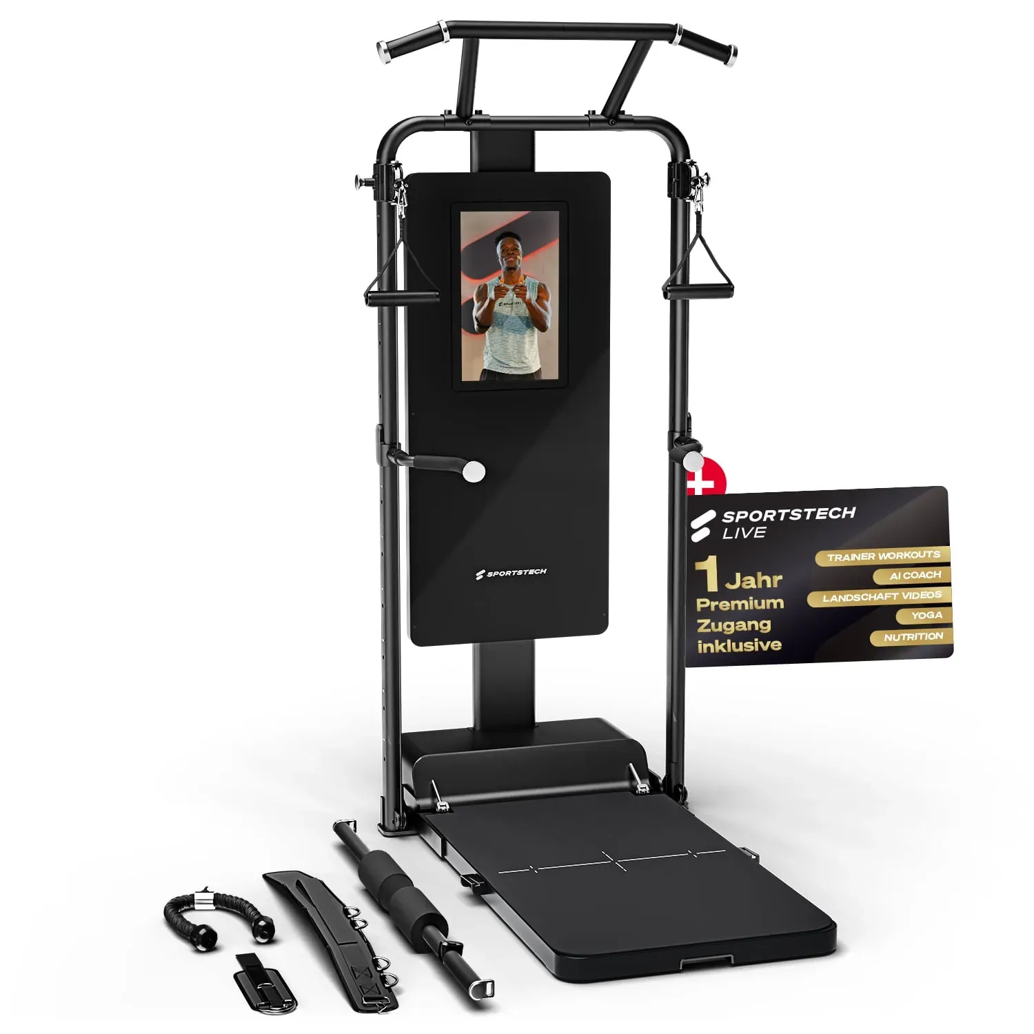 Sportstech Home Gym sGym Pro,  160x90x220cm, 21′′ Touch-Display mit STL App, Trainingsplänen, Workouts und Tracking, Gewichte bis 120 kg, Klimmzug, Dipbar, Kabelzug, 400+ Übungen, Ganzkörpertraining