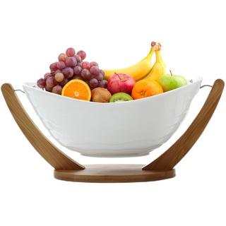 WEMUBSU Große Keramik-Obstschale mit Holzständer und Sieb, Obstkorb für Küchentheke, Tischdekoration, Party, Bar, große Salat-Servierschüssel, modern, weiß