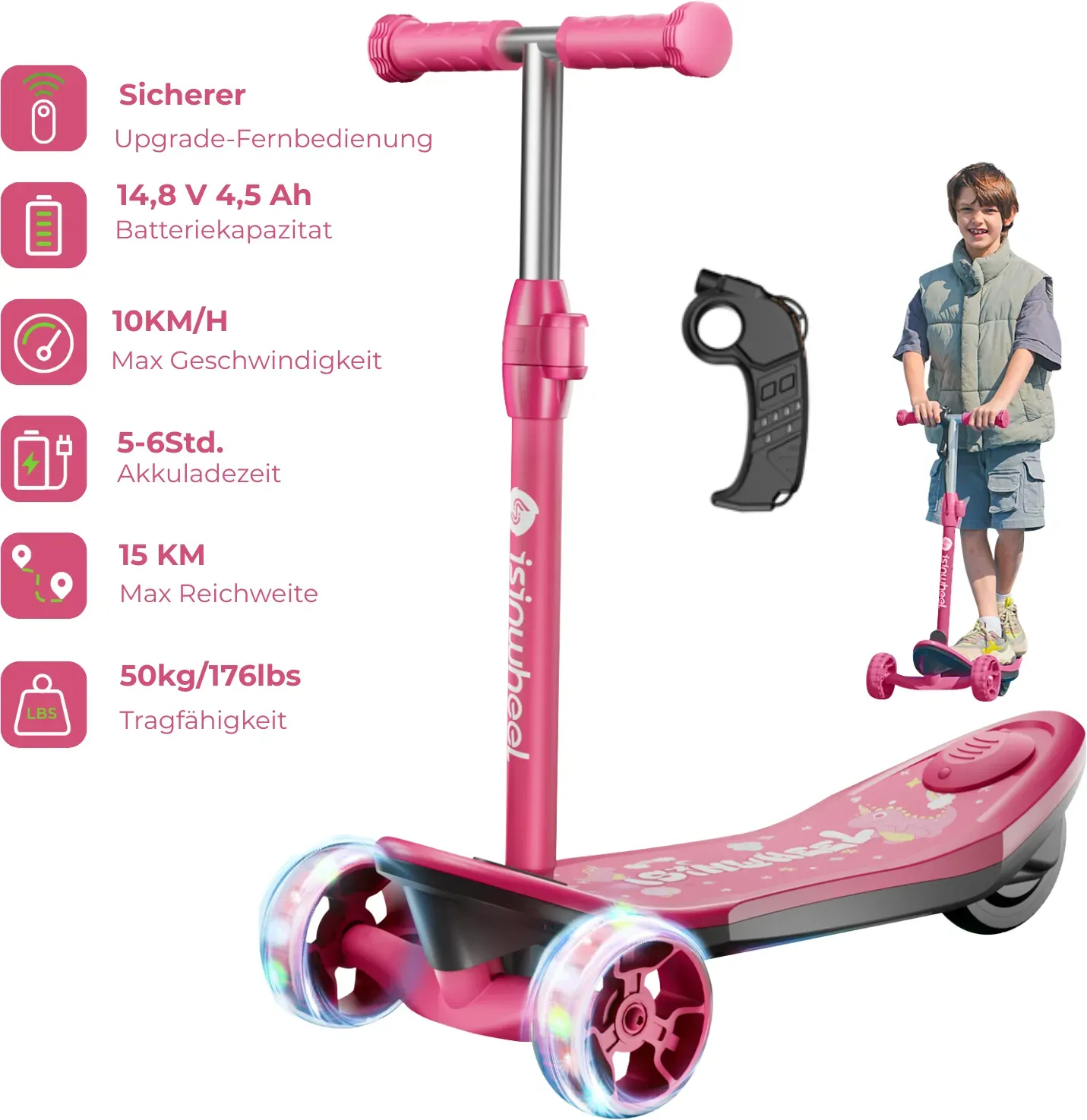 isinwheel Mini-Elektroroller mit 3 Rädern für Jungen im Alter von 3–12 Jahren