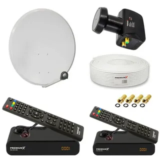 PremiumX Satelliten-Komplettanlage für 2 Teilnehmer 60cm Satellitenschüssel Twin LNB 25m Antennenkabel 2x TV Sat-Receiver FullHD