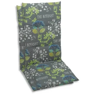 Sesselauflagenset, Blau, Grau, Grün, Textil, 2-teilig, Blume, Füllung: Schaumstoff, Vlies, 48x5x118 cm, Oeko-Tex® Standard 100, pflegeleicht, für den Außenbereich geeignet, mittels Gurtband zu befestigen, Outdoor-Kissen, Gartenstuhlauflagen, Hochlehner-Auflagen