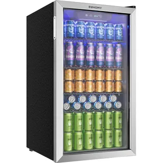 EUHOMY Getränkekühlschrank, Minikühlschrank für 126 Dosen mit Glastür, kleiner Kühlschrank mit verstellbaren Regalen für Limonade, Bier oder Wein, perfekt für Zuhause/Bar/Büro, Silber, Edelstahl