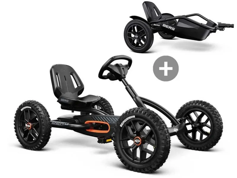 BERG Buddy Cross Black Pedal-Gokart mit Passenger-Trailer