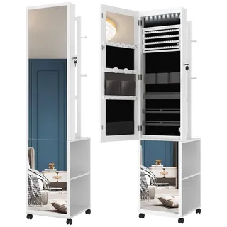 hzuaneri Schmuckschrank, Spiegelschrank, stehender Schmuck-Organizer mit 1 Kleiderständer, 3-stufige Ablageflächen mit 4 Kleiderhaken, weiß und Schwarz JC17003B