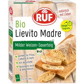 RUF Bio Lievito Madre Sauerteig, milder Weizen-Sauerteig, getrocknete Natur-Hefe aus Weizen-Mehl Typ 00, lange Teigführung für Ciabatta, Pinsa, Pizza-Teig, 3x35g