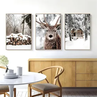 Herfair 3er Winter Poster Set, Weihnachten Wandbilder Moderne Bilder Set, Schneelandschaft Hirsch Kunstdrucke Wandposter Wanddeko Wohnzimmer Schlafzimmer Ohne Rahmen (30x40cm)