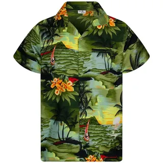 King Kameha Funky Hawaiihemd Kids Kinder Jungs, Kurzarm, Print Surf, Dunkelgrün, 6 - 6 Jahre