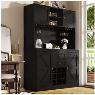 Celya Hochschrank Küchenbuffet mit verstellbaren Ablagen & Weinregal, 4 Türen Weiß (Vitrinenschrank mit Schubladen und Glastüren, 1-St., B120/T40/H188 cm) Hochschrank Küchenschrank Geschirrschrank mit Kippschutz,Schwarz schwarz