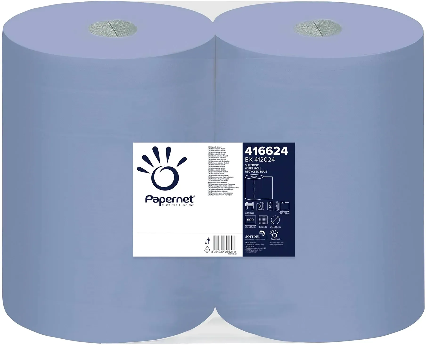 Papernet Industrieputztuchrolle blau 3-lagig, 37,3 cm breit, 500 Tücher 1 Pack = 2 Rollen