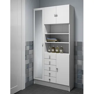 TemaHome Hochschrank Combi Badezimmerschrank mit Schubladen, Türen, drei offenen Fächern, mit Spiegel, 90 cm breit, Weiss weiß