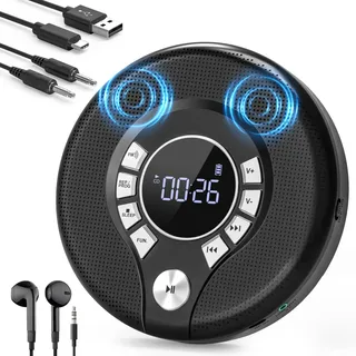 CD Player Tragbar, Greadio Discman Tragbarer CD Player mit 2000mAh Wiederaufladbarer und Anti-Skip/Stoßfest, Kompatibler FM-Sender, USB, AUX-Ausgang, Kopfhörer, Doppellautsprecher (Schwarz)