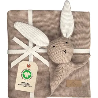 DIKOS® Original Babydecke SCHMUSE-Hase (beige braun) – Premium 2-in-1 Neugeborenen Kuscheldecke & Schmusetuch – aus weicher gestrickter Bio-Baumwolle (GOTS/Oeko-TEX) – schönes Babygeschenk zur Geburt
