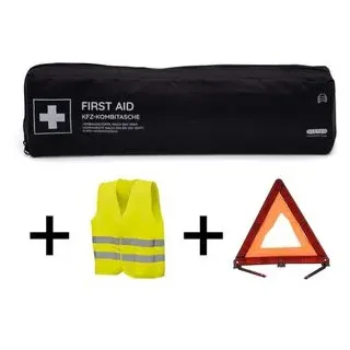 Flexeo Erste-Hilfe-Tasche Kombi 3in1, DIN 13164, inkl. Warndreieck und Warnweste schwarz