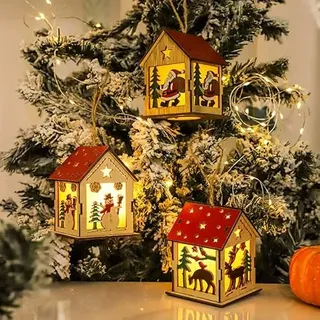 3 Stück Weihnachtsdorf mit Beleuchtung Holz Weihnachtsdorf Häuser, Weihnachtshäuser Beleuchtet Holz Skandinavisch, Weihnachtsdeko Häuser Weihnachtshaus Deko, Weinachtsbaumdorf Holzhäuser Klein (C)