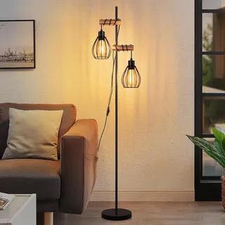 ZMH Stehlampe Wohnzimmer Vintage Stehleuchte Schwarz: Holz Standleuchte Metall Industrial E27 Standlampe 2 flammig mit Käfig Lampenschirm Retro Bettlampe