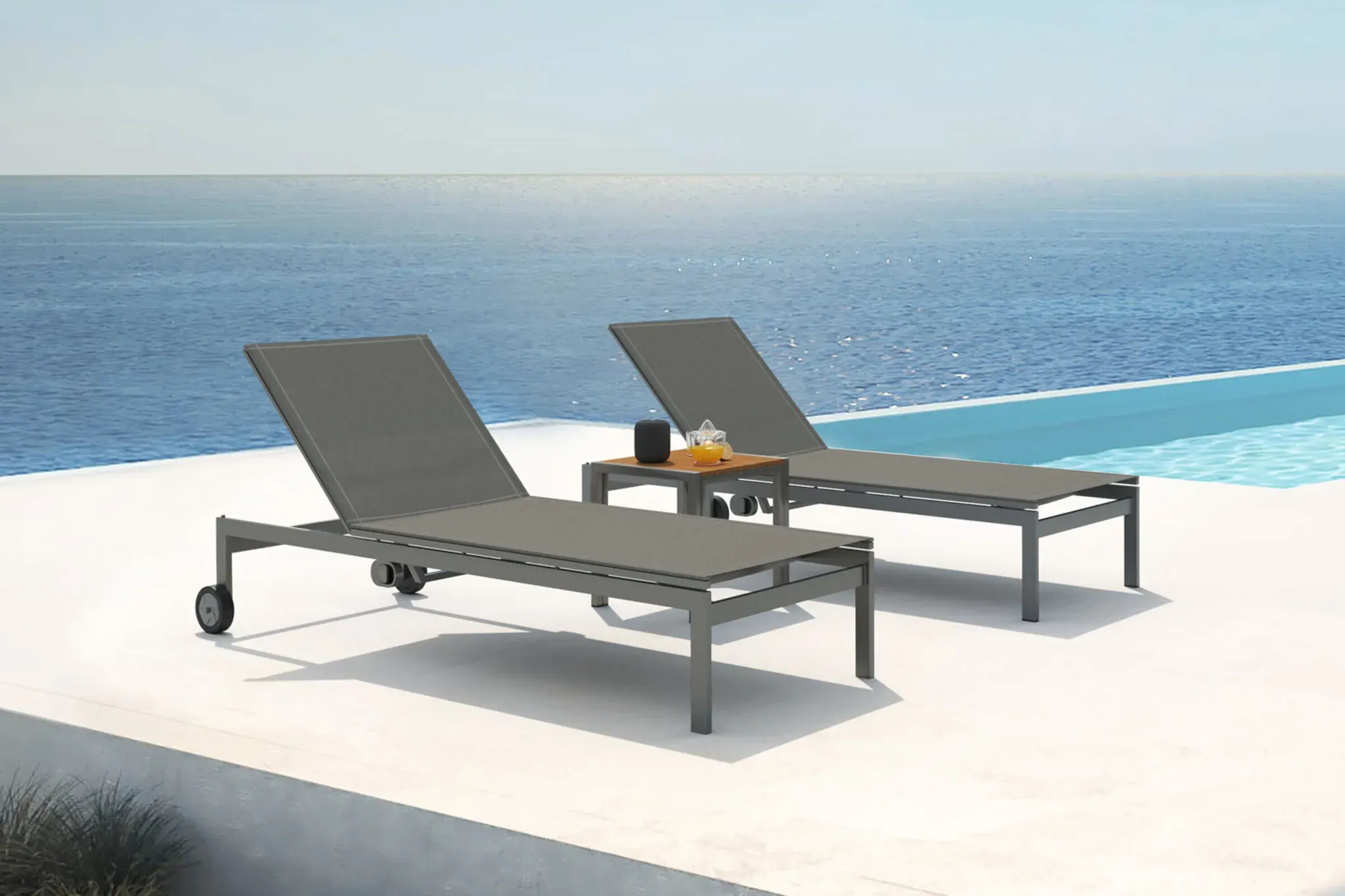 OUTFLEXX 2er-Set Rollliege, taupe, Edelstahl/Teak, 212x71x36cm, mit Beistelltisch 45x45cm, FSC®-zertifiziertes Produkt