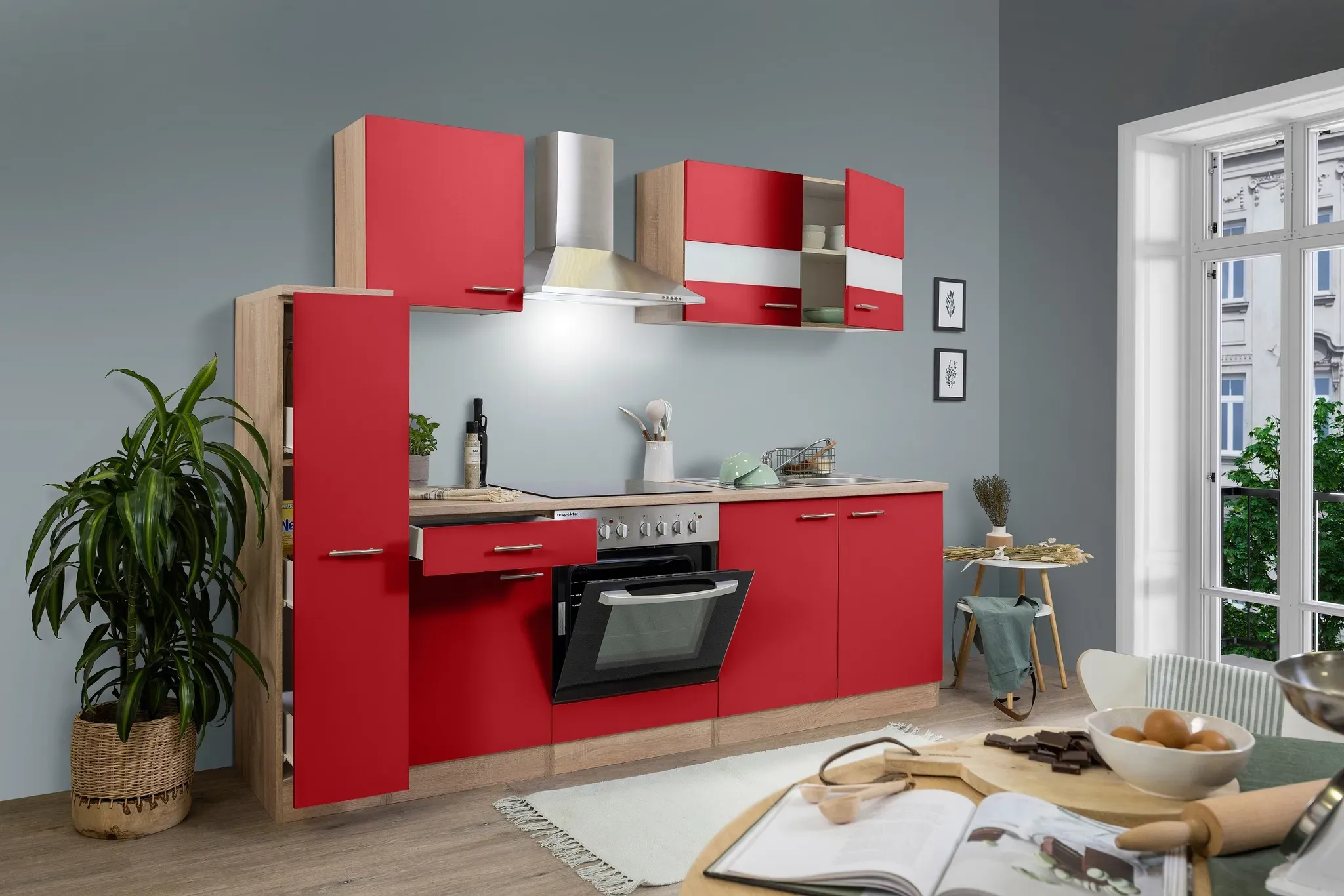 Küche Küchenzeile Küchenblock Einbauküche Eiche Rot Merle 240 cm Respekta