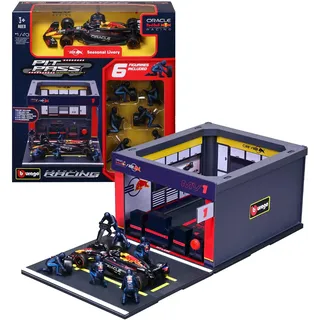 BBURAGO - Pit Stop Red Bull RB20 2024#1 Verstappen, Spielset mit Diorama, 1:43 und 6 Mechanikern, Detailgetreu, Red Bull-Lizenz, Alter 3+