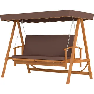 Outsunny 2 in 1 Hollywoodschaukel mit Liegefunktion, 3-Sitzer Gartenschaukel aus Holz, Holzschaukel mit Sonnendach Sitzauflage, Schaukelbank bis 330kg, für Garten, Terrasse, 236x130x181 cm, Braun   Aosom