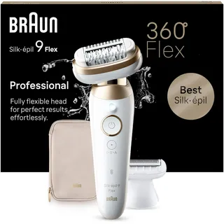 Braun Silk-épil 9 Flex Epilierer Damen mit Flexiblem 360°-Kopf, Wet&Dry, Langanhaltend Glatte Haut, Ladyshaver, Rasieraufsatz und Trimmeraufsatz, Made in Germany, 9-041 3D, 40 tweezers Gold, Weiß