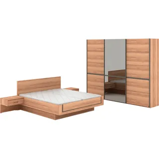 Musterring Schlafzimmer-Set »Sorrent, Kleiderschrank, Bett & Nachtkommoden, teilmassiv Eiche« 2er-Set Nachtschränke, Schwebetürenschrank 300 cm, Bett 180x200 cm, mit Schwebetürenschrank, Bett schwebende Optik, Breite Schrank 250cm braun