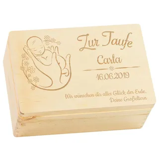 LAUBLUST Holzkiste mit Gravur - Personalisiert mit Name | Datum | WIDMUNG - Natur Größe M - Blumenbaby Motiv - Geschenkkiste zur Taufe - FSC®