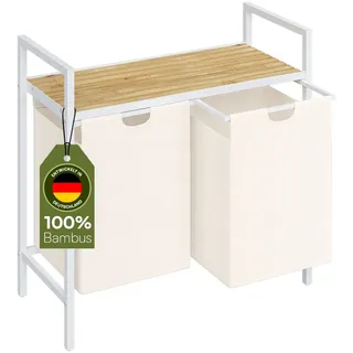 steelsøn Rigil Wäschesammler 2 Fächer – Wäschekorb mit 1 Bambus Ablage – 2x 45 L Wäscheboxen in weiß – Metall Wäschesortierer – ausziehbare & herausnehmbare Wäschesäcke – Schmutzwäschebehälter