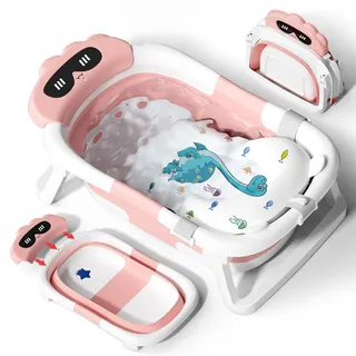 COOSEYA Baby Badewanne für 0-18 Monate, Faltbare Babywanne mit Babybadewanne Stützkissen, Portable Baby Bathtub als Wesentliche Artikel für Neugeborene und Kleinkind, Dinosaurier - Design (Rosa)