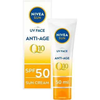 NIVEA UV Face Q10 Anti-Age, 0% weiße Rückstände (50 ml), Q10 Sonnencreme für das Gesicht, UV-Gesichtscreme, Anti-Aging-Creme mit SPF50, Verpackung kann variieren