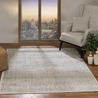 Livabliss Evora Vintage groß - Orientalischer Wohnzimmer 160x216 cm, Esszimmer, Schlafzimmer - Boho Kurzflor e für einfache Pflege - Beige, Braune und Elfenbein