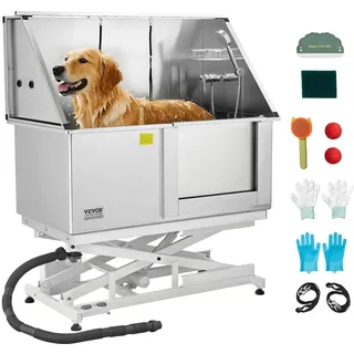 Vevor Elektrische Hundewaschstation mit Hebefunktion, 127 cm Edelstahl-Tierpflegewanne mit PE-Wasserfilterplatte, Wasserhahn & Duschkopf, Hundebadewanne, Waschbecken für Haustiere (rechte Tür)