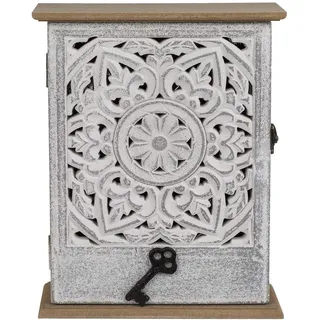 OOTB Holz-Schlüsselkasten mit Tür, weißes Blumendekor, 20x26,5cm, Weiß