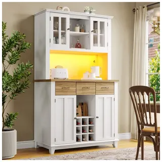 ABRIHOME 180cm Küchenschrank Buffetschrank mit LED-Beleuchtung in Weiß/Holzfarbene | Gr.: onesize