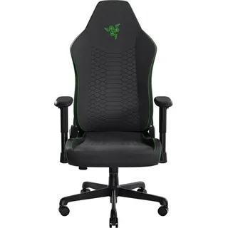 Razer Iskur V2 X Gaming-Stuhl mit integrierter Lendenwirbelstütze (hochverdichtete Schaumstoffpolster, 2D-Armlehnen, weicher Stoff) Stoff Schwarz Gaming Stuhl, Schlangenlogo in Razer Green