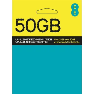 EE 30 GB Daten-SIM, inkl. 15 £ Top-up, 30 GB Daten, unbegrenzte Minuten und unbegrenzte Texte.