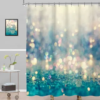LIGHTINHOME Blauer goldener Bokeh-Duschvorhang (kein Glitzer), 183x183 cm, blaugrün, glänzend, gepunktet, glitzernd, abstrakter Stoff, Heim-Badewannen-Dekoration, 12 Stück Kunststoffhaken