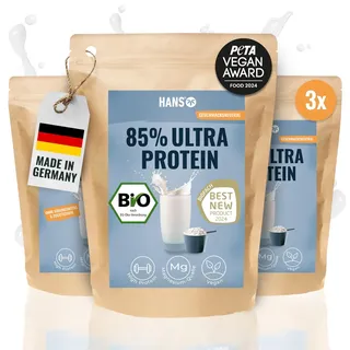 HANS Brainfood 85% Bio ULTRA fermentiertes Erbsen-, Reis- & Hanfprotein 3x1kg neutral - Veganes Proteinpulver - Bio Proteinpulver in Rohkostqualität aus Erbsenprotein, Reisprotein, Hanfprotein