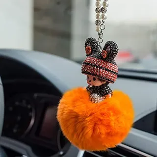 Auto Rückspiegel Ornament,Bling Strass Rückspiegel Anhänger Süße Puppe Plüsch Ball Auto Hängende Anhänger Niedlich Auto Spiegel Anhänger Auto Innen Dekoration Geschenke für Frauen Männer-Orange
