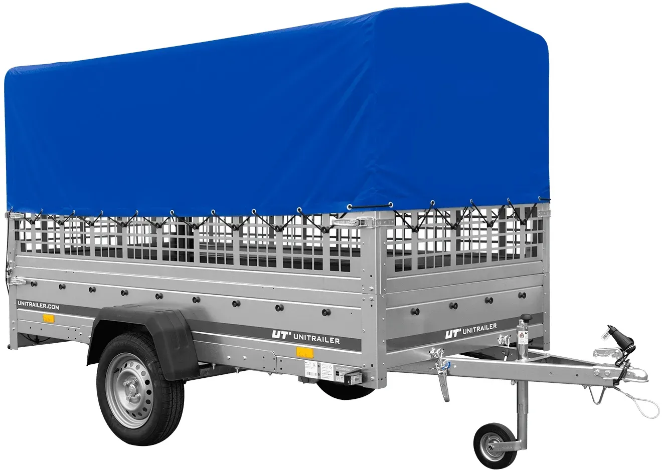 Autotransportanhänger auf Blattfedern 264x125 UNITRAILER GARDEN 264/R KIPP mit Gitterwänden, H-800 Rahmen und blauer Plane