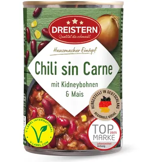 DREISTERN Chili sin Carne 400g I Veganer Eintopf mit Kidneybohnen & Mais I High-Protein mit hochwertigen Nährwerten I Lange Haltbarkeit & ohne zugesetzte Konservierungsstoffe I Hausmacher Qualität