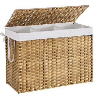 Songmics Wäschekorb aus synthetischem Rattan, mit 3 Fächern, naturfarben