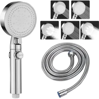 KLGFI Wassersparender Duschkopf, Duschkopf mit Wasserstop, 5 Modi Sparduschkopf Schwarz, 9 cm Durchmesser Hochdruck Duschkopf, Handbrause für Badezimmer (Silber, Mit Schlauch)