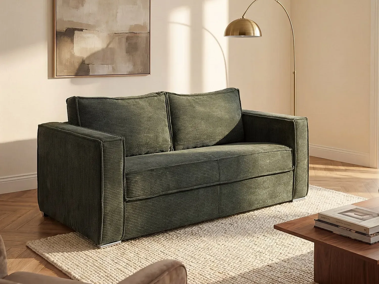 Schlafsofa mit Matratze 3-Sitzer - Cord - Tannengrün - Liegefläche 140 cm - Matratze 18 cm - LORETO