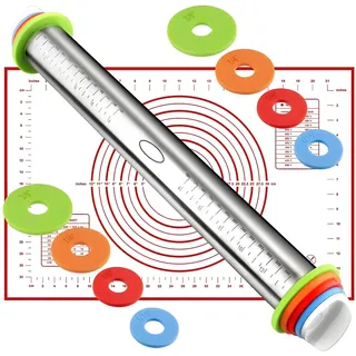 Edelstahl Nudelholz mit Griff, Einstellbares Teigroller mit 4 Abstandshalter für Teigdicken, Anti-Haft Backzubehör, BPA-frei, 35cm